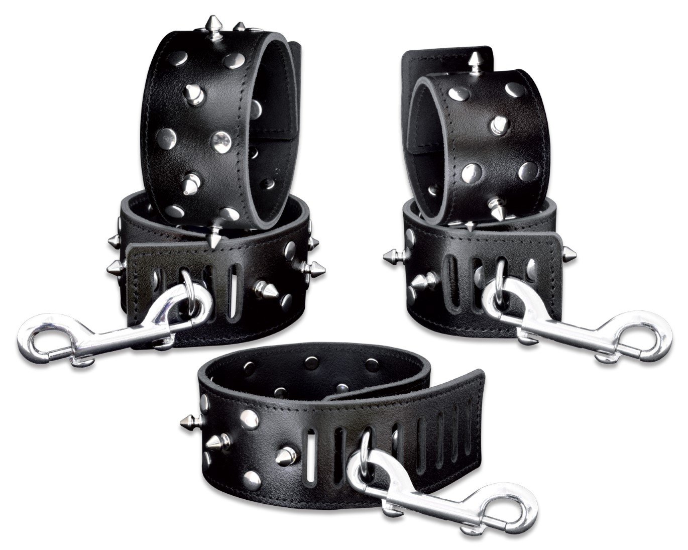 Bondage Set Leder Fesselset mir Dornennieten schwarz Handfesseln Fußfesseln und Halsband schwarz