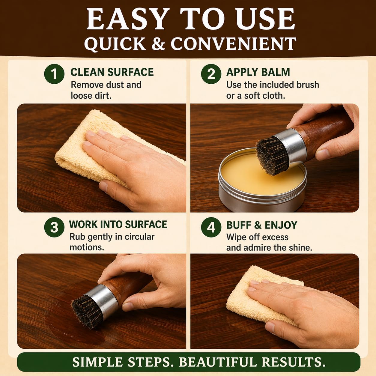 Lence Furniture Balm – All-in-One Wood Scratch Repair, Polishing & Multi-Surface Cleaner for Home & Countertops - Includes Application Brush(2pcs)