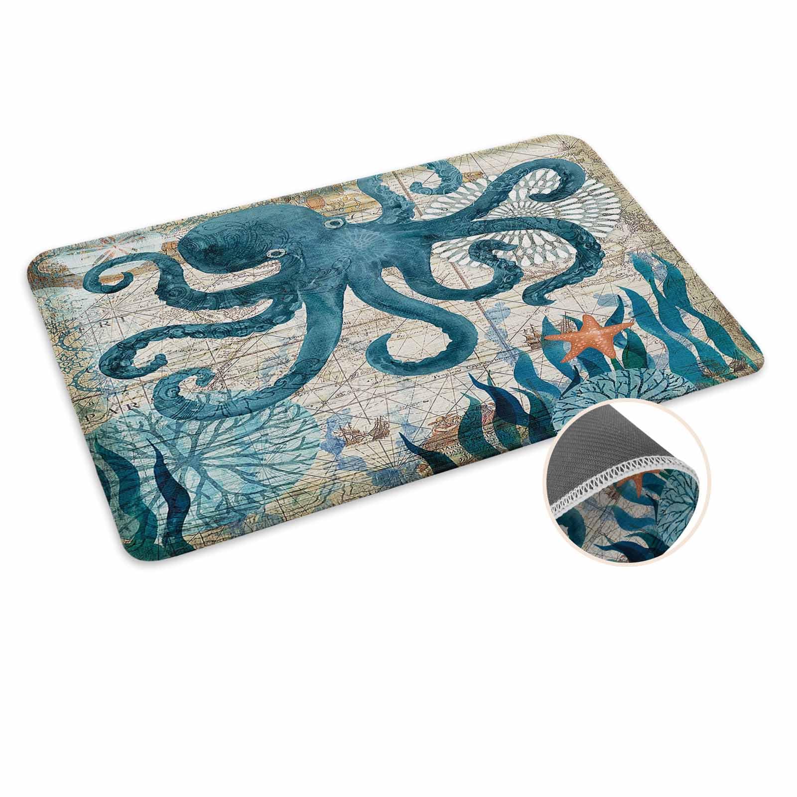 Coastal Blue Sea Octopus Nautical Map Doormat Welcome Mats Rugs Carpet Outdoor/Indoor for Home/Office/Bedroom, 18"x30"