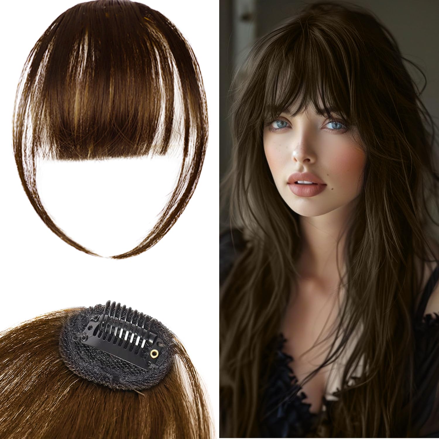 100% Real Human Hair Clip in Bangs for Women - Natural Look Fringe Hairpiece with Temples, Wispy or Curved Bangs Options(Dark brown)