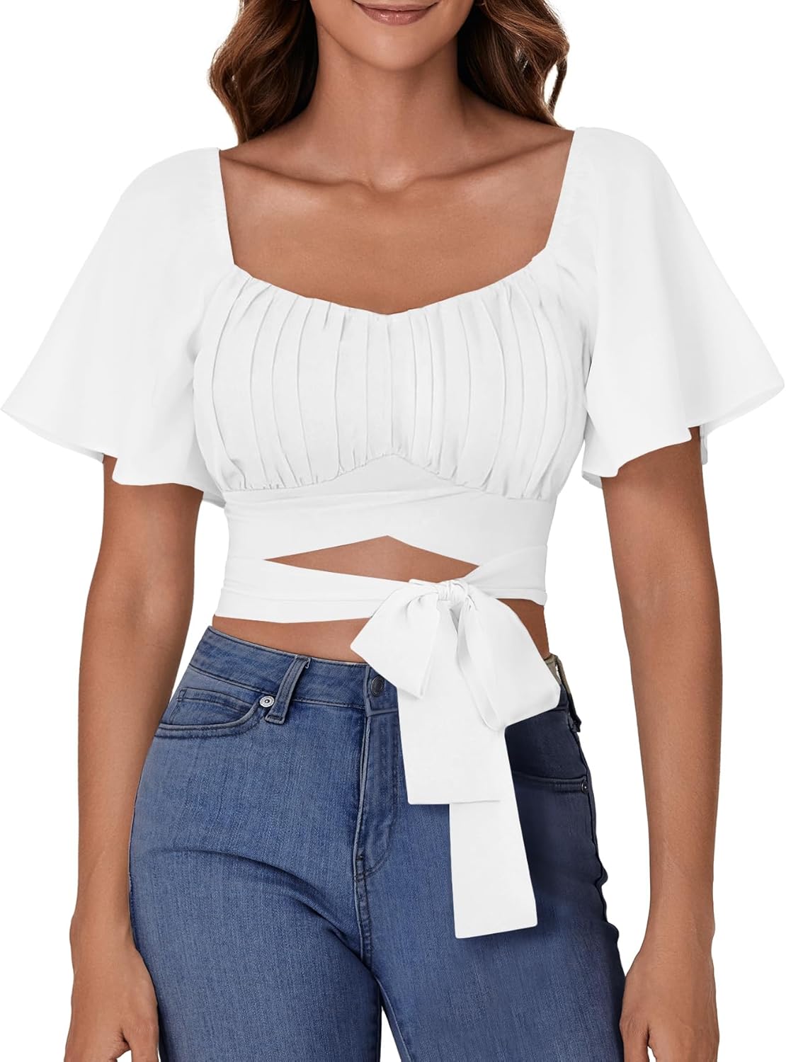 Rooscier Women's Ruched Wrap Ruffle Flare Square Neck Short Sleeve Self Tie Crop Top Blouse Solid White Small