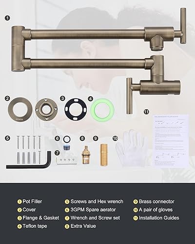 Miniatura 82 de WOWOW Grifo de llenado de ollas de níquel pulido, relleno de olla de latón macizo, montaje en pared, grifo de estufa de cocina con brazos oscilantes
