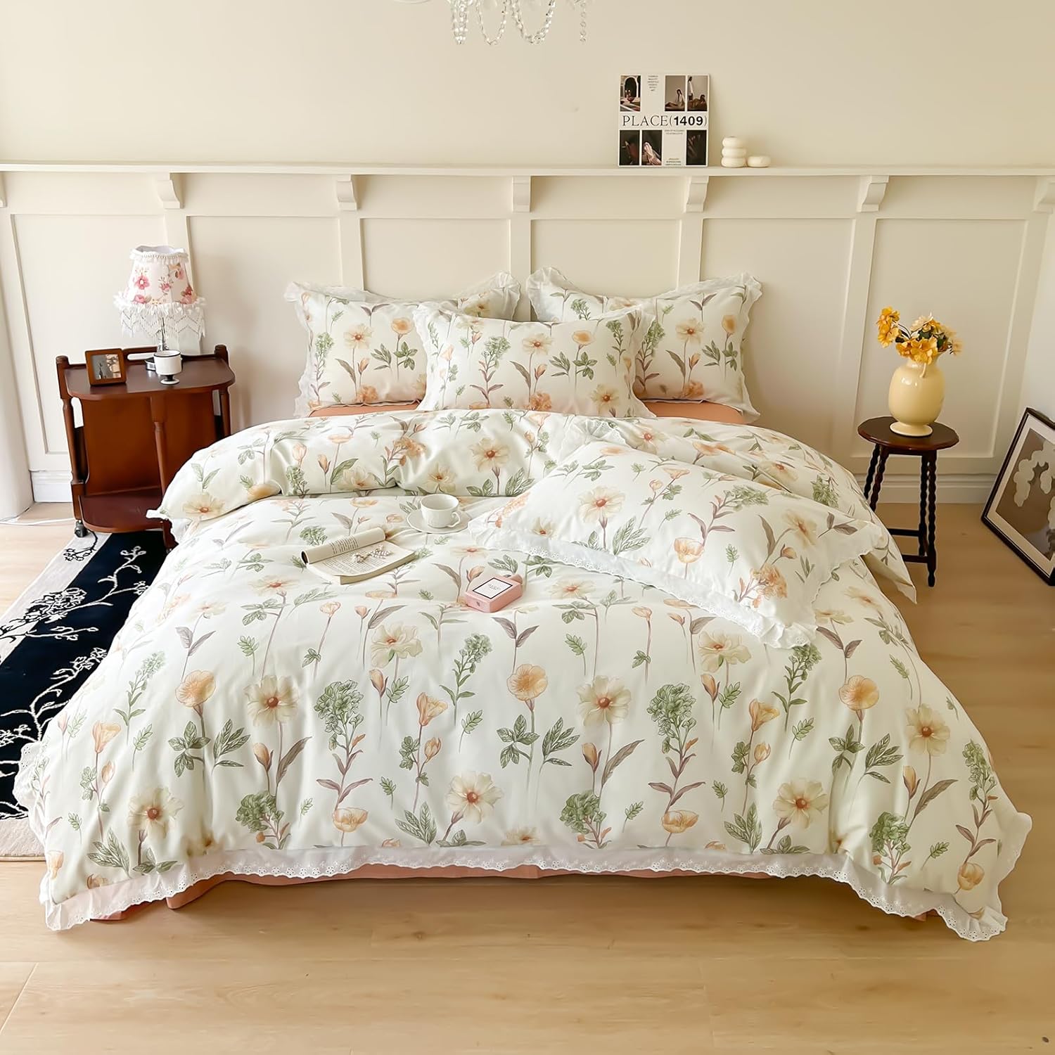 BuLuTu Shabby Chic Lace Edge Duvet Cover Queen 3 pcs with