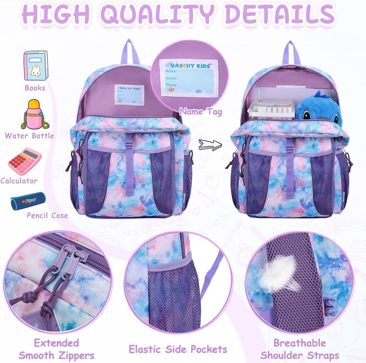 VASCHY Kids Backpack Lunch Bag Set, Girls 2-1 School Bookbag Insulated Lunch Box for Toddlers,Preschool,Daycare,Kindergarten,Elementary School Multi-Color - Image 5