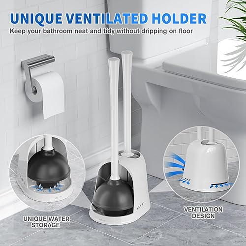 Miniatura 5 de Juego de émbolo y cepillo de inodoro, cepillo de silicona y émbolo de inodoro resistente con soporte ventilado, combo de cepillo de inodoro 2 en 1 y