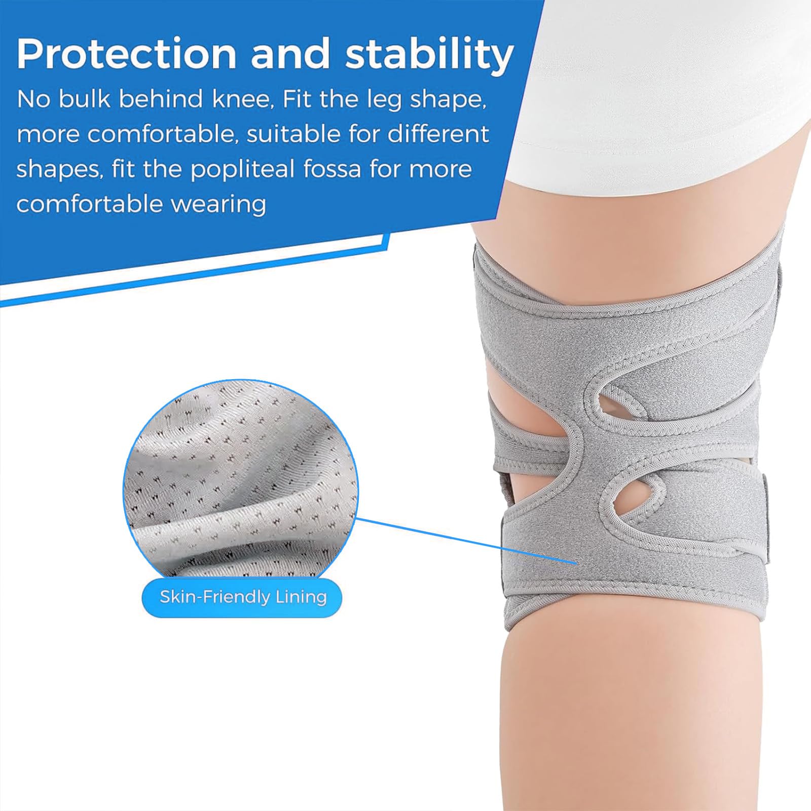 Knee Support Brace for Women Men, Adjustable Knee Compression Brace with Side Stabilizer Patella Pad Tendon, Knee Brace for Meniscus Tear, Arthritis Pain, Injury Recovery, Running, Workout, Gray, One Size — view 6
