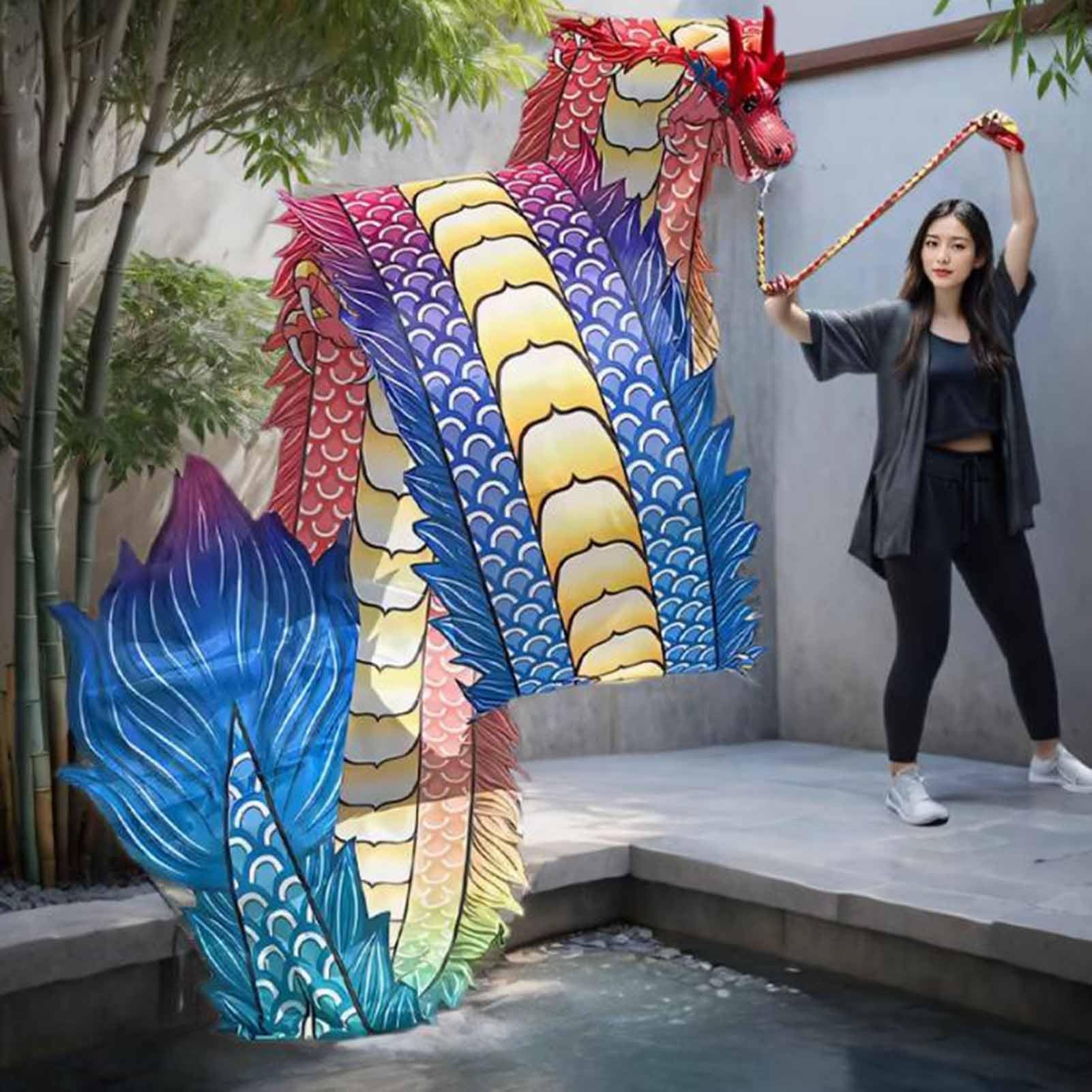 Drachenband mit Kopf, Park-Übungstanz, Flinging Wu Long Streamer for chinesische Drachen im Freien, Outdoor Flinging Fitness Dragon Dance 3D-Drachenband-Streamer(Green,6m)