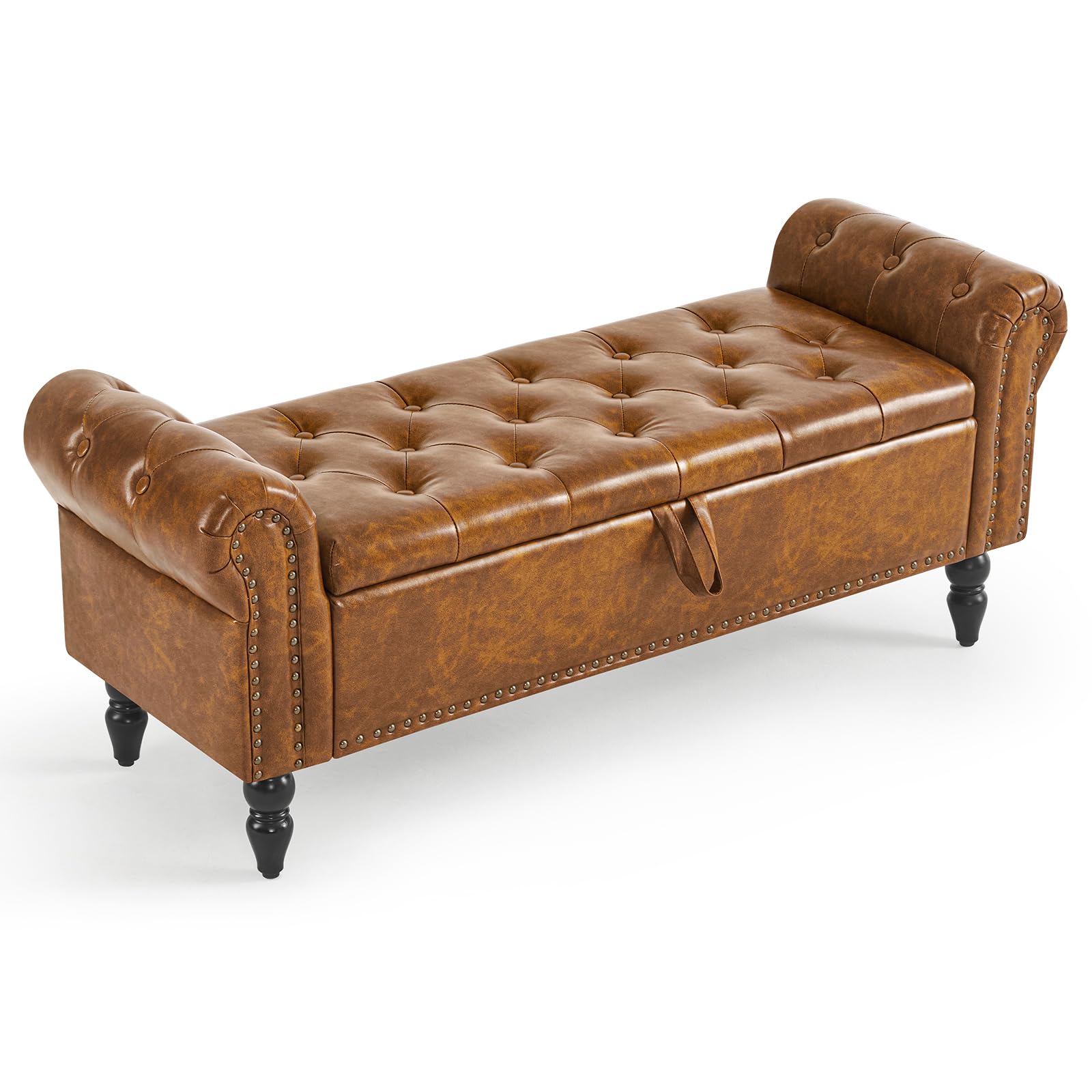 Ckaff Storage Ottoman Bench, Leather Benches End of Bed Bench with Solid Wood Legs Upholstered Ottoman Bench with Storage Indoor Bench for Living Room with Rolled Arm, Entryway, Brown, 132CM