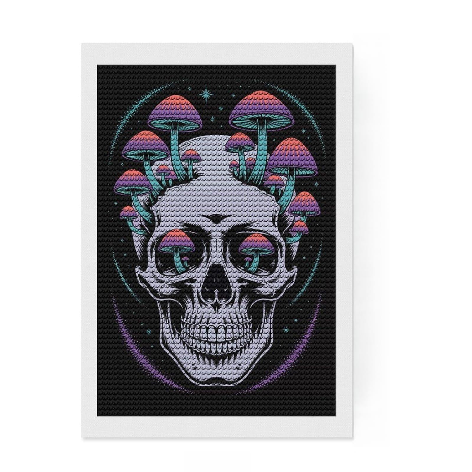 Junmoney Skull with Mushrooms Digital Art DIY Diamond Art Canvas Kit 8"x12", for Adults, Boho Decor, Full Kit Included, Artistic Hobby, Arts and Crafts