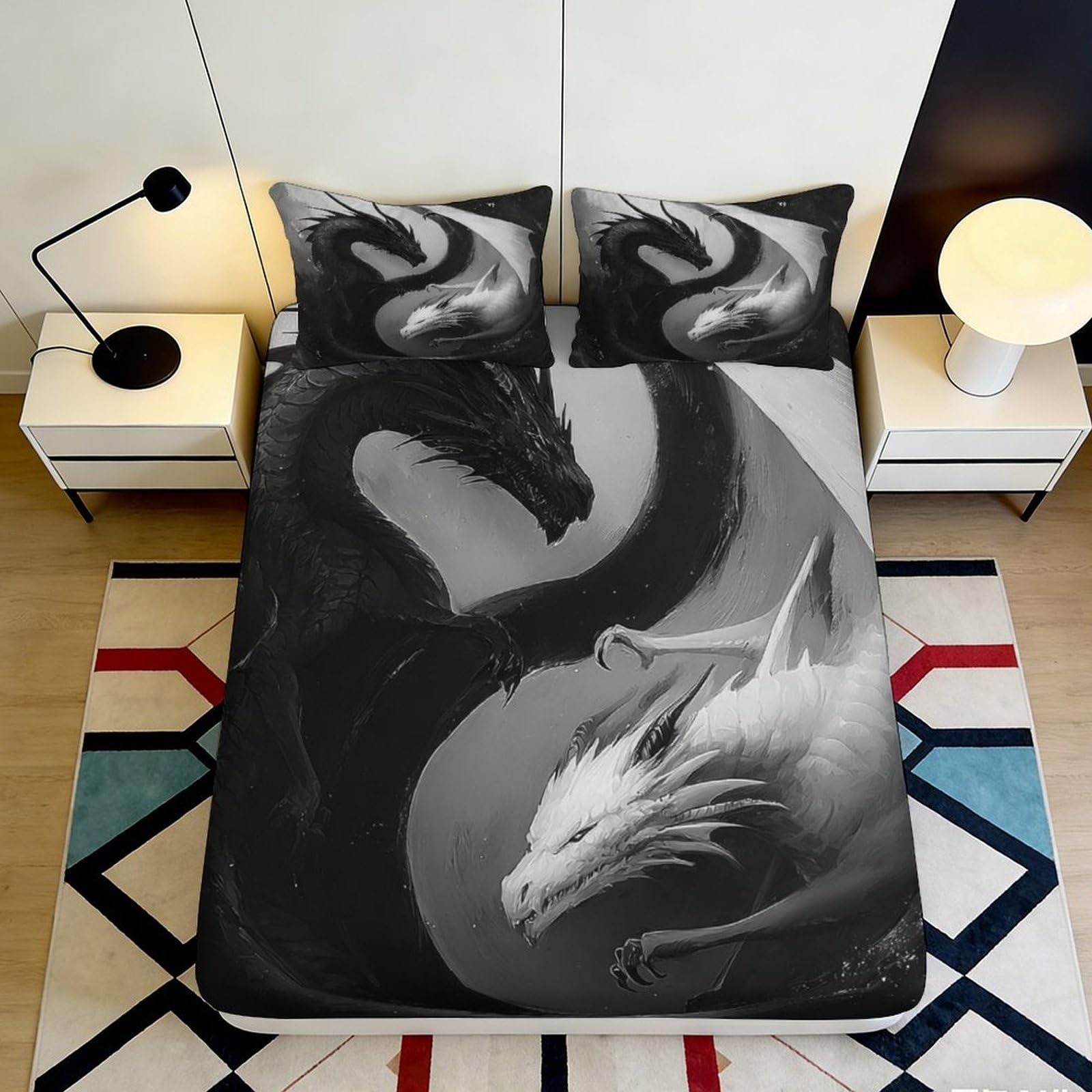 3D Printed Dragon Pattern Fitted Sheet Microfiber Soft Breathable Yin Yang Bed Sheet for Bedroom Dormitory Guest Room Mattress Protection Decor 200x200x25cm