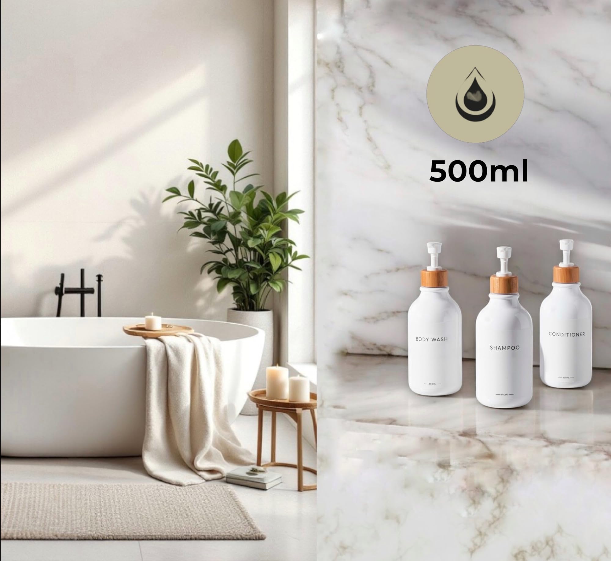 Flacons Pompe Rechargeables 3x500ml - Distributeur Savon Liquide Shampoing - Blanc Avec étiquettes