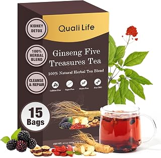 Ginseng Five Treasures Kidney Tea, Traditional Chinese Herbal TeaBags, Natural Kidney Cleanse Detox Tea for Women & Men, 7 Precious Ingredients Formula Chinese Herbal Tea (1 Pack, Ginseng)
