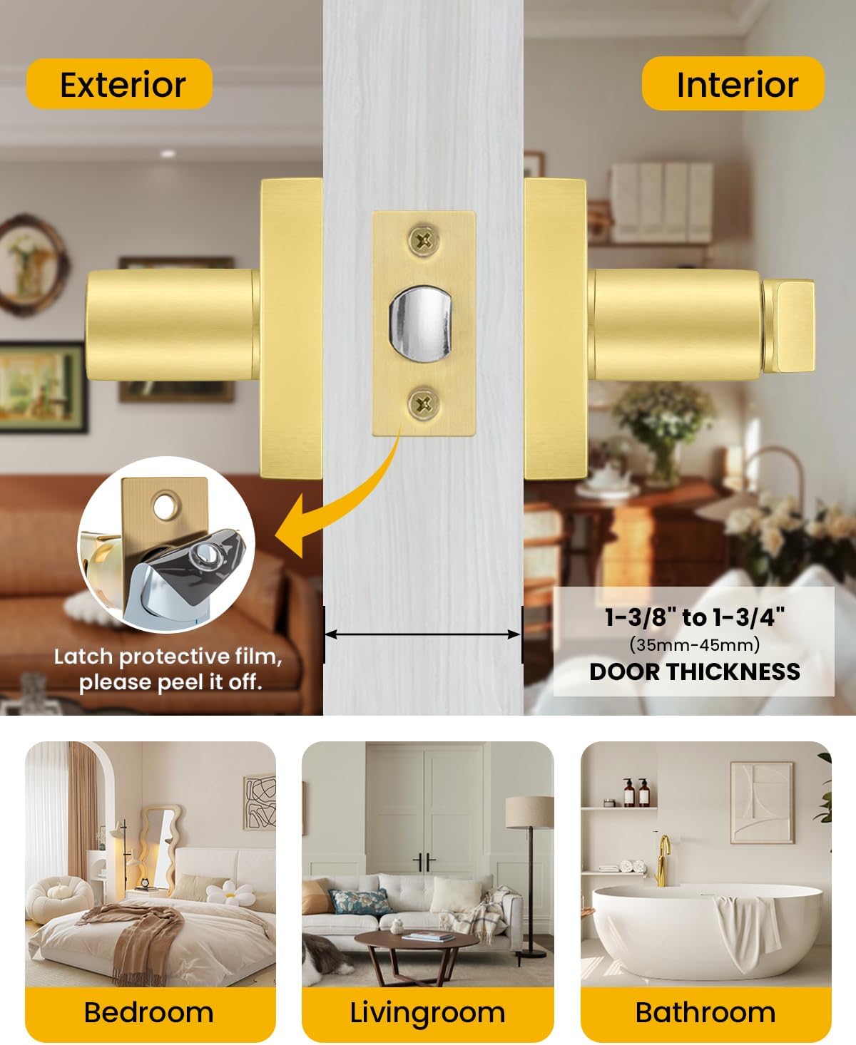 Goldenwarm Brushed Gold Door Handles Interior 10 Pack, Keyless Privacy Door Levers with Lock for Bedroom and Bathroom, Heavy Duty Zinc Alloy Interior Door Handles, Reversible Ambidextrous