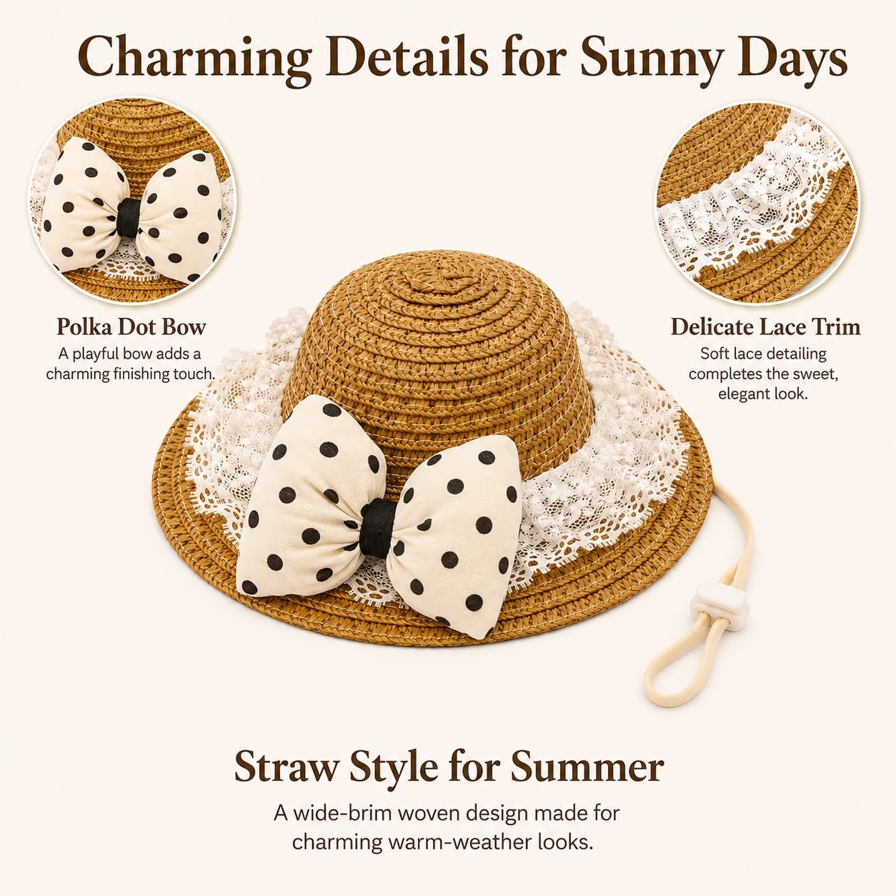 Dog Straw Sun Hat for Small Breeds — Woven Brim with Lace Trim and Fabric Bow, Adjustable Chin Strap (White Dot, Medium)