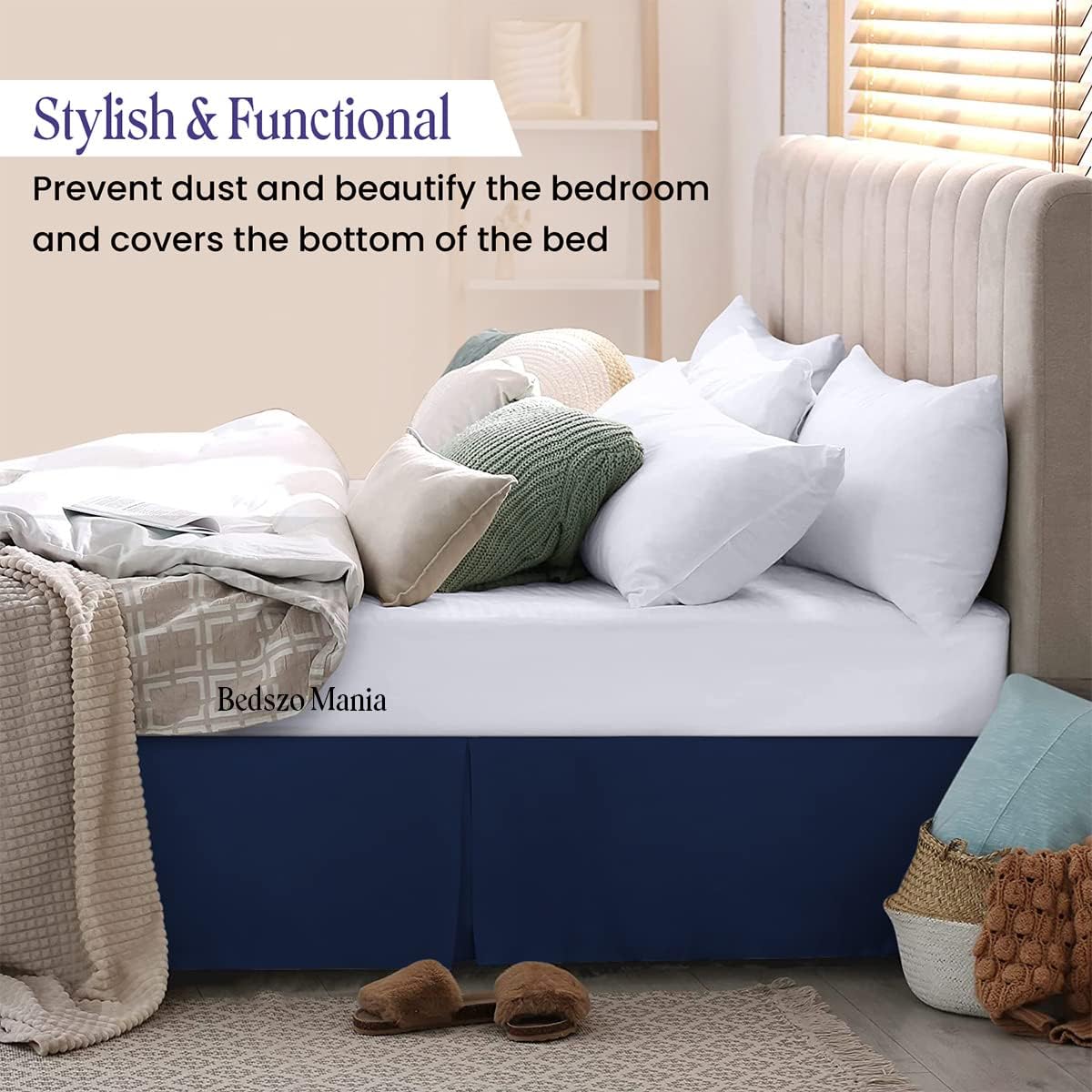 Box Pleated Bed Skirt 11 Inch Drop Queen Size Navy Blue Color Bed Skirt Split Corner Pleated Style Easy Fit Easy Care Fade & Wrinkle Resistant-100% Microfibre Made