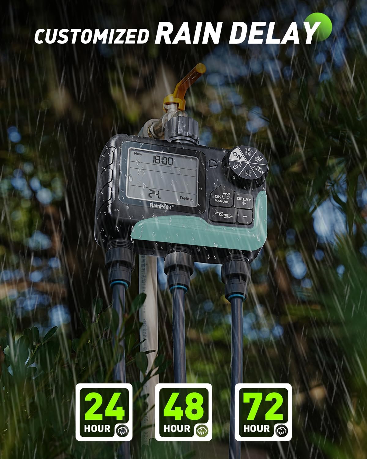 RAINPOINT Sprinkler Timer 3 Zone, Programmable Water Timer for Watering with Automatic/Manual/Rain Delay/Watering Mode, IP65 Waterproof, Large LCD