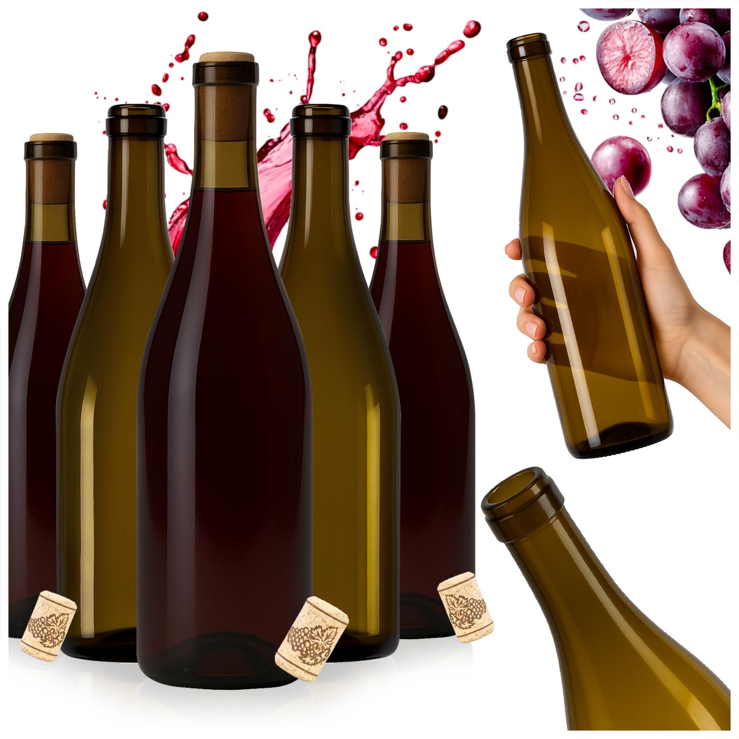 30 Stück Glasflaschen 750 ml aus Klarglas mit Korken – leere Weinflasche für Wein, Likör, Cidre, Säfte und Spirituosen, wiederverwendbar und spülmaschinenfest
