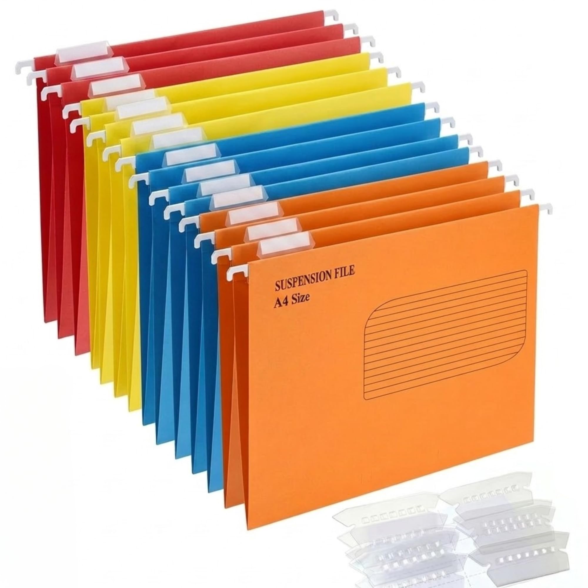 A4 Suspension Hanging Files Assorted Colours 34.3 x 30.8cm with Clear Tabs & Inserts - Pack of 10