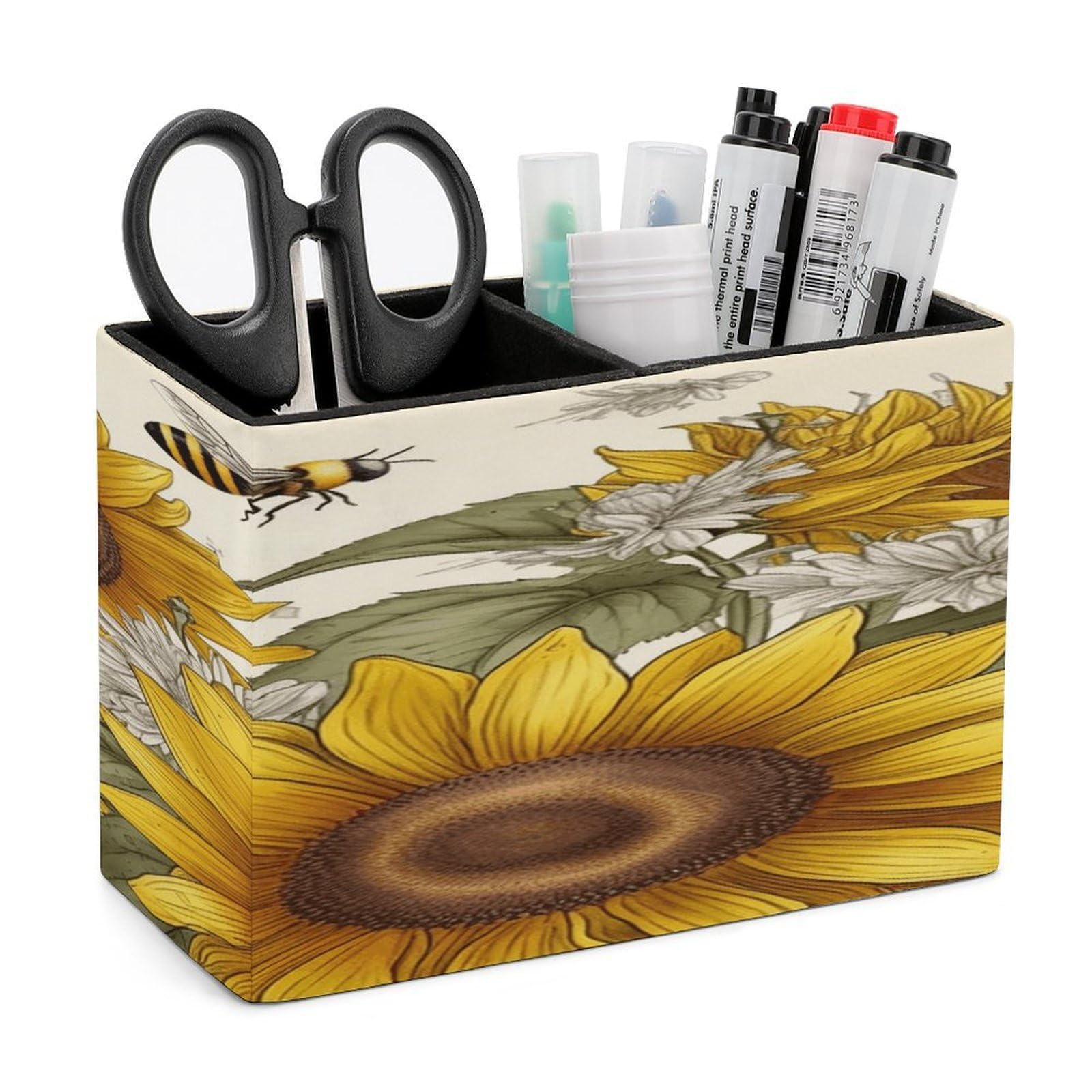 VstaDank Bees Sunflowers Daisy Rose Flowers Pencil Holder for Desk Organizer 2 Compartments Pen Cup Leather Square Pen Holder Pencil Cup Stand Makeup Brush Holders for Desktop Organizer Storage Case