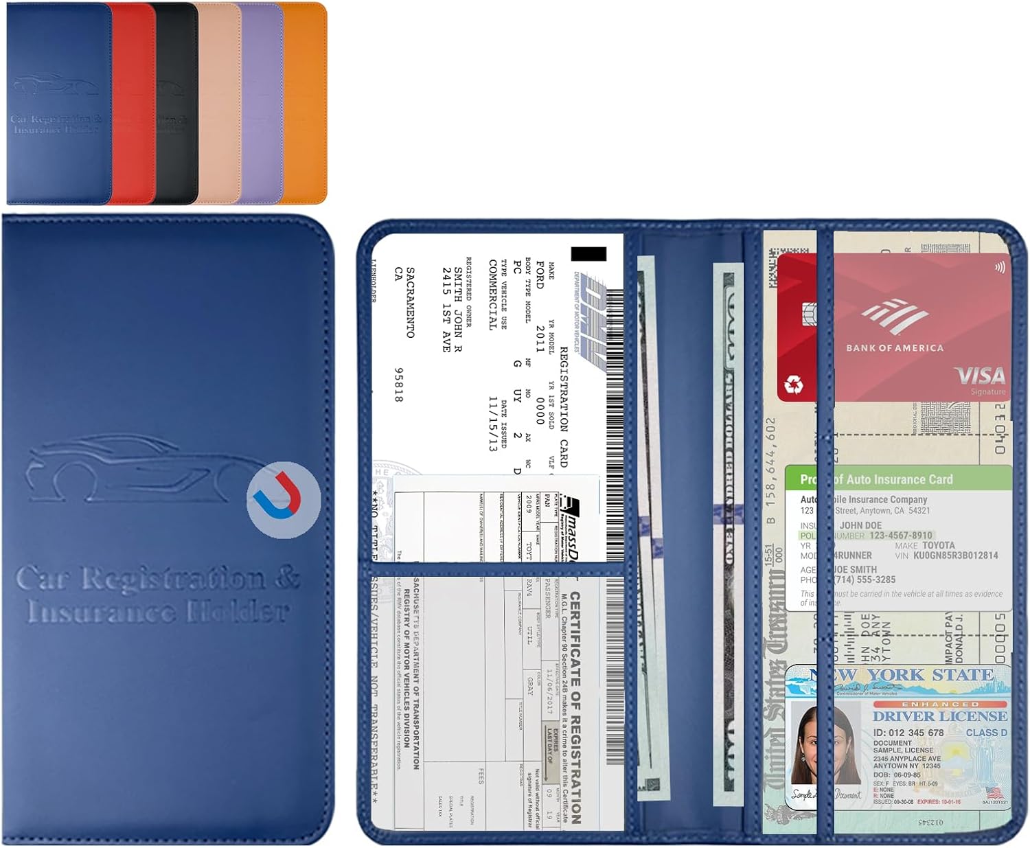 Blue Car Registration and Insurance Card Holder Paper Glove Box Organizer
