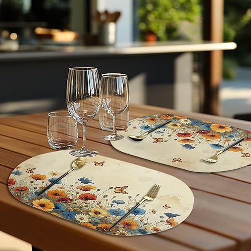Miniatura 9 de Heat Resistant Placemats Oval Placemats Set of 6 Leather Washable and Wipeable Non Slip Place Mats, Waterproof Modern Dining Table Mats, Oval Floral