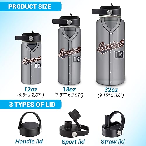 Vista 46 de Hyturtle Botella de agua de béisbol personalizada, botella de acero inoxidable aislada de viaje con tapa a prueba de fugas, 18 onzas, 32 onzas