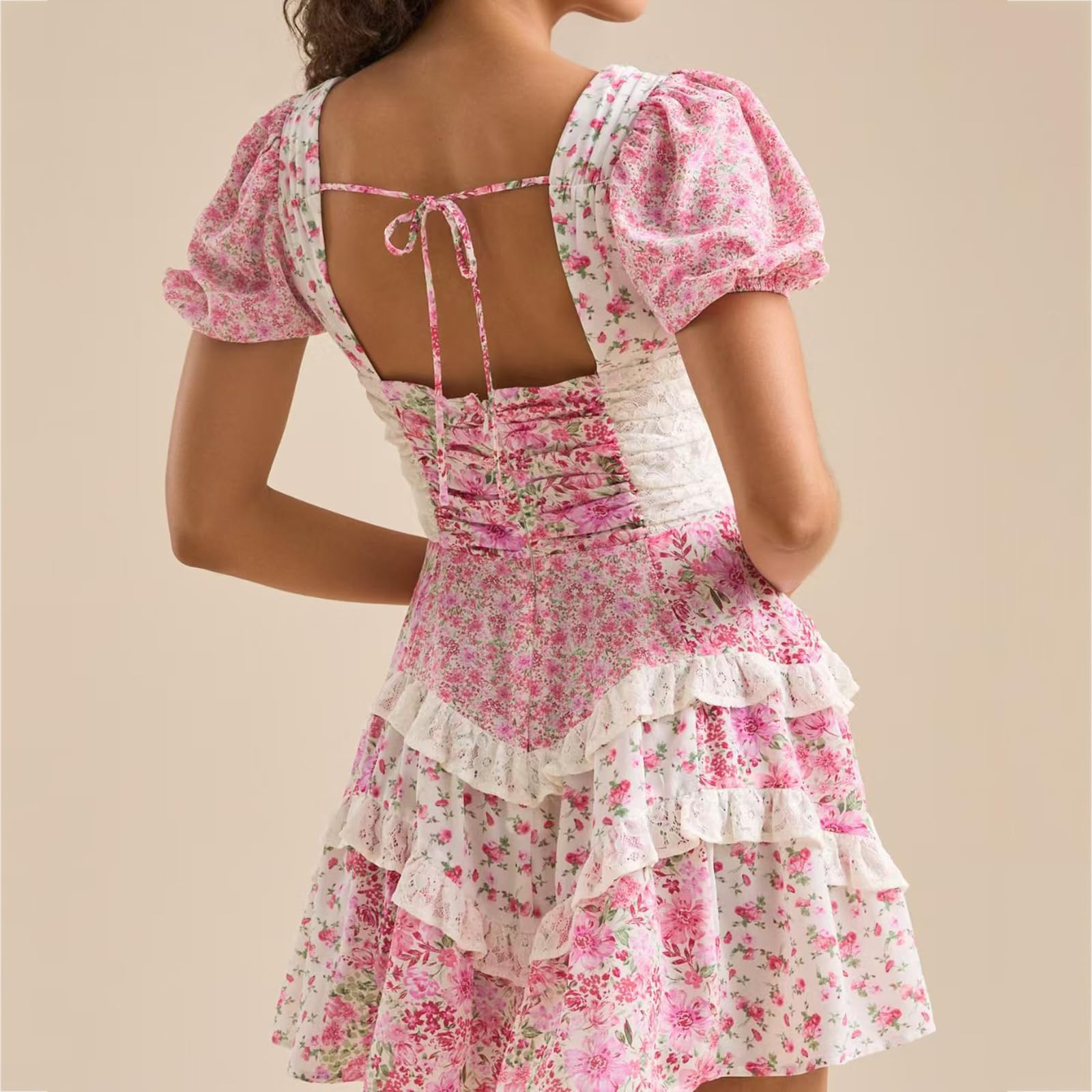 Genérico Vestido Mini Floral para Mujer, Vestido Corto Boho Floral con Fruncidos, Vestido Veraniego Informal y Fluido