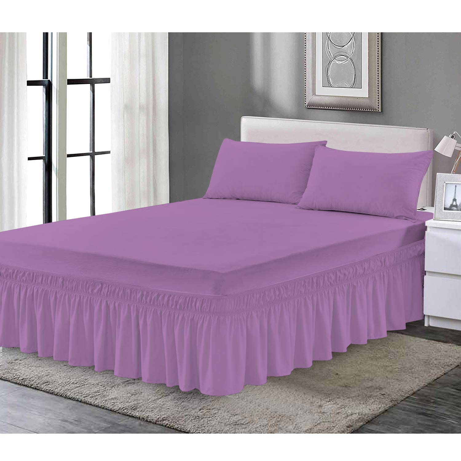 B&B Bedding Valence Sheet Collection - Soft Brushed Polycotton, Easy Wrap Elastic, Extra Deep Frilled with a Drop of 40cm (Purple, SuperKing)