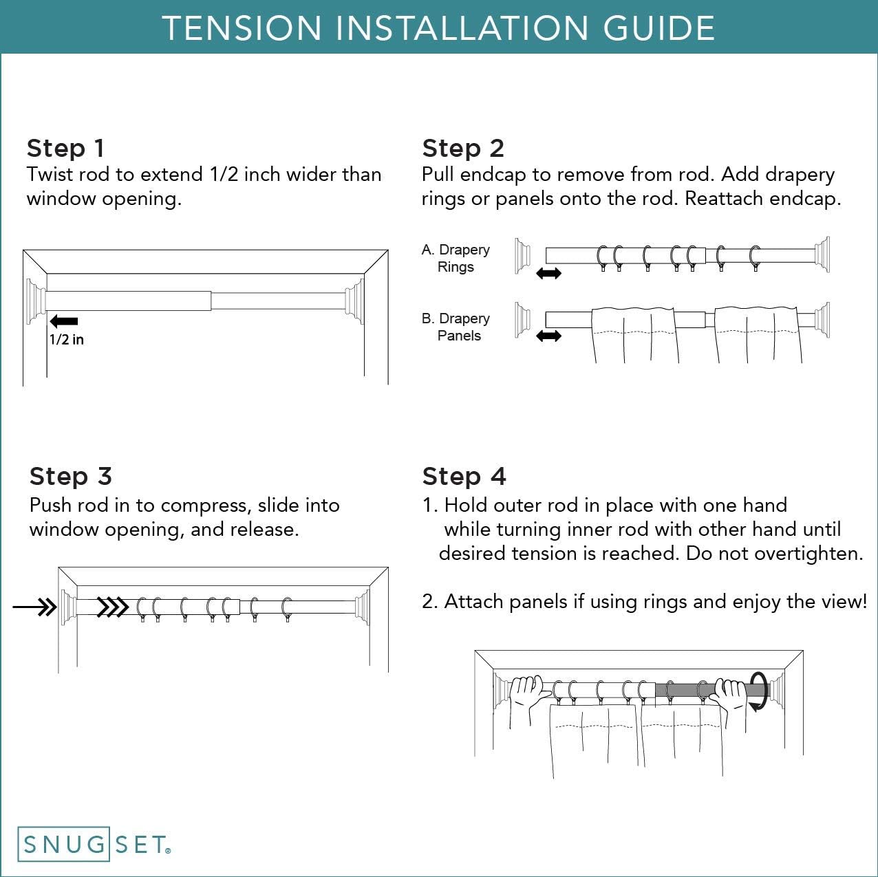 Snug Set | Ultra Strong Secure Hold Tension | Gold Window Curtain Rod | Easy Mount | 2" Silicone Never Slip Pads | Durable Steel Construction | 7/8" Diameter
