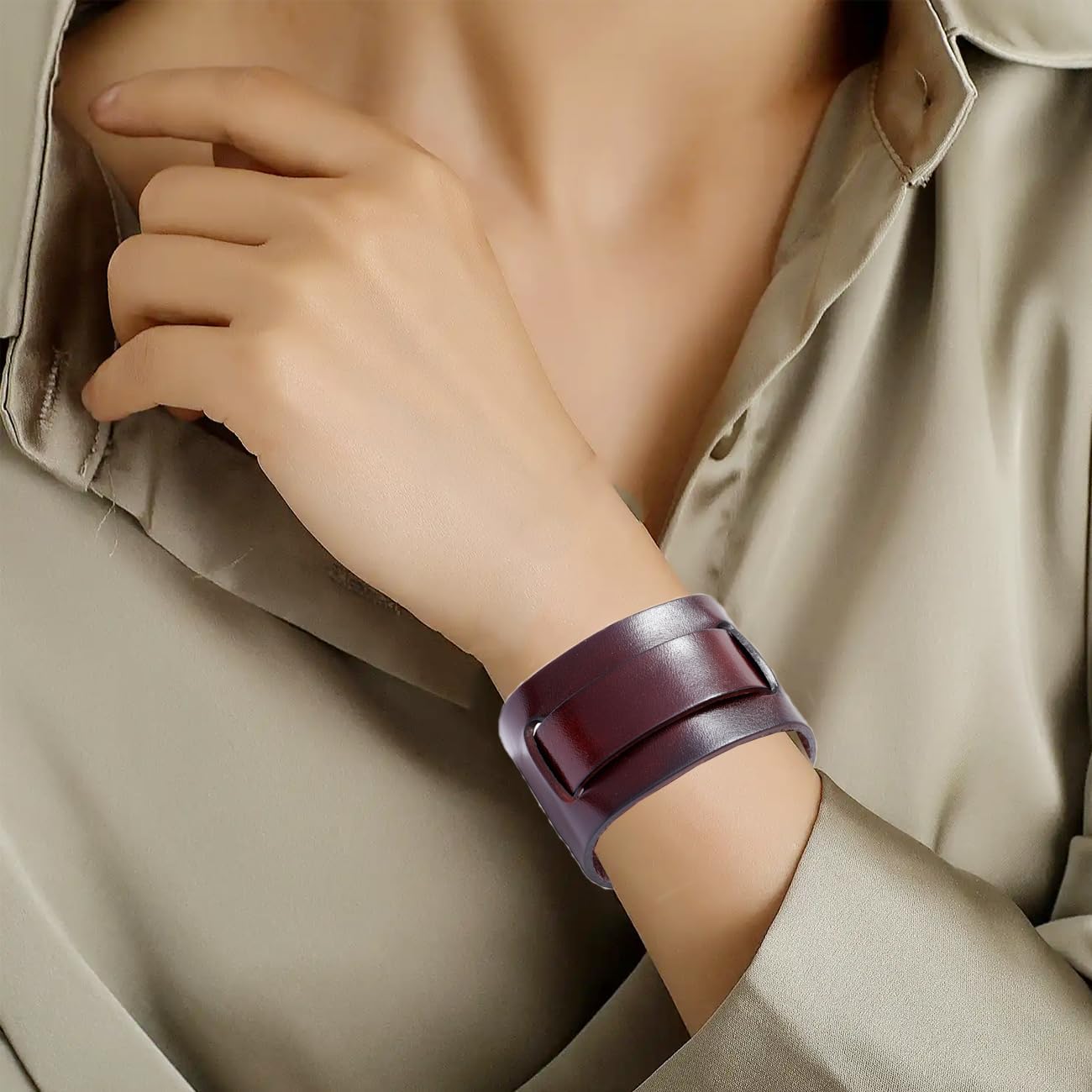 Punk Cuff Bracelet for Men,Adjustable Leather Bracelets for Women,Brown Wide Wrist Cuffs,Vintage Leather Wristbands for Rock Gothic Motorcycle Biker HipHop - Image 7