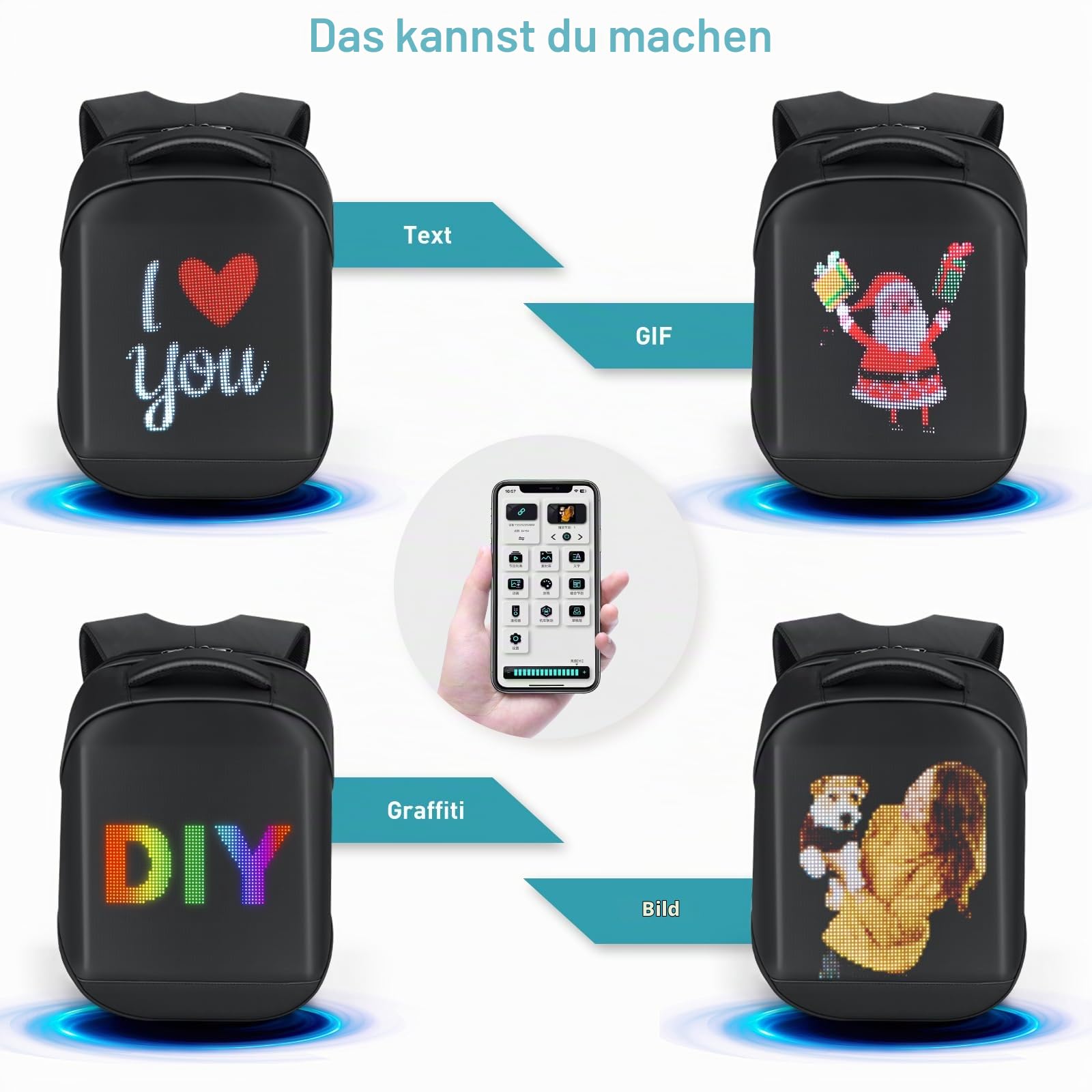 Gelrova LED Rucksack mit App-Steuerung, Dynamische LED Display, Laptop-Rucksack, Leicht & Langlebig, Multifunktionaler Stauraum für Männer Frauen (schwarz)