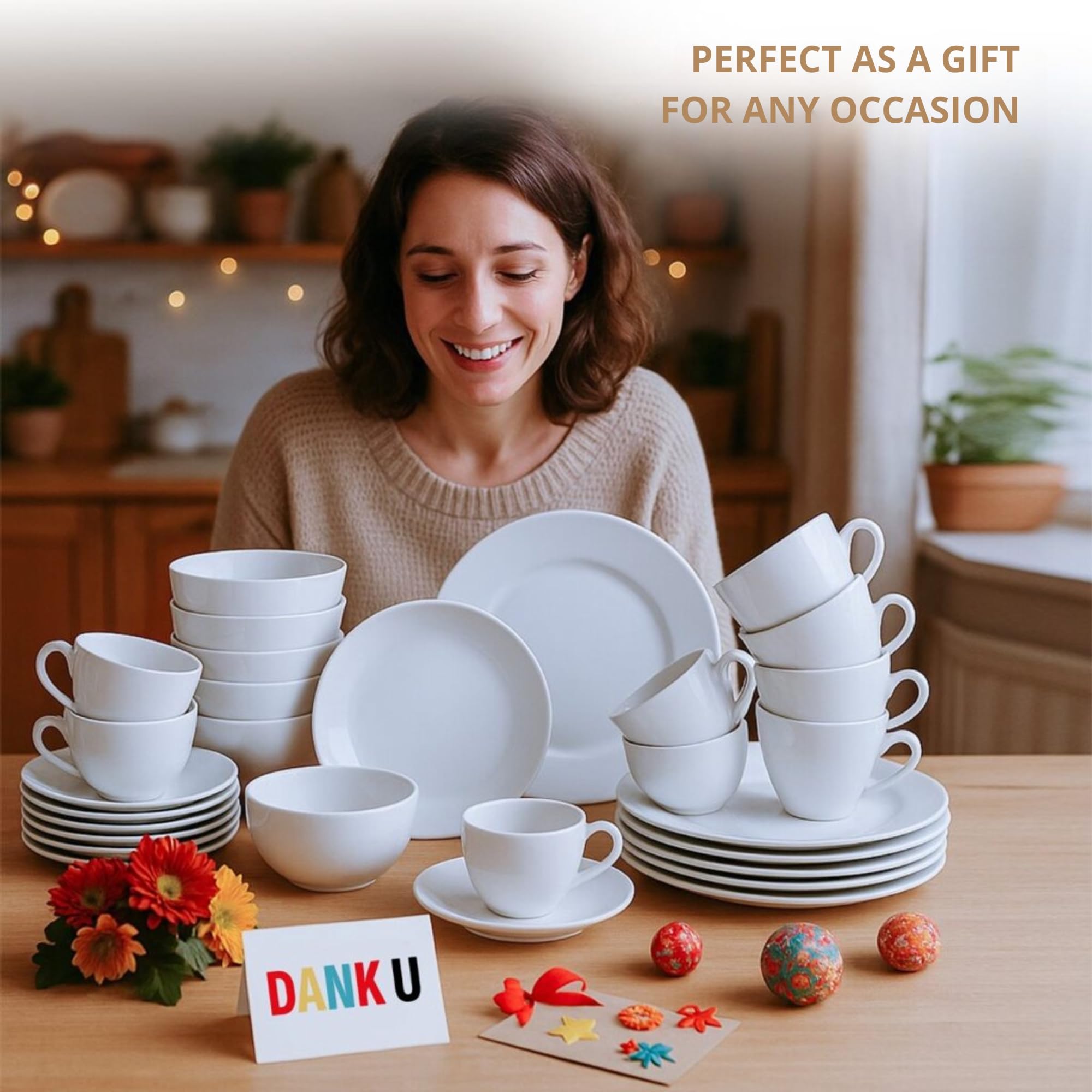 Bayt Service de Table 30 Pièces - Porcelaine Premium - Set pour 6 Personnes - Assiettes Plates, Creuses & à Dessert - Design Blanc Moderne - Résistant au Lave-Vaisselle et Micro-Ondes