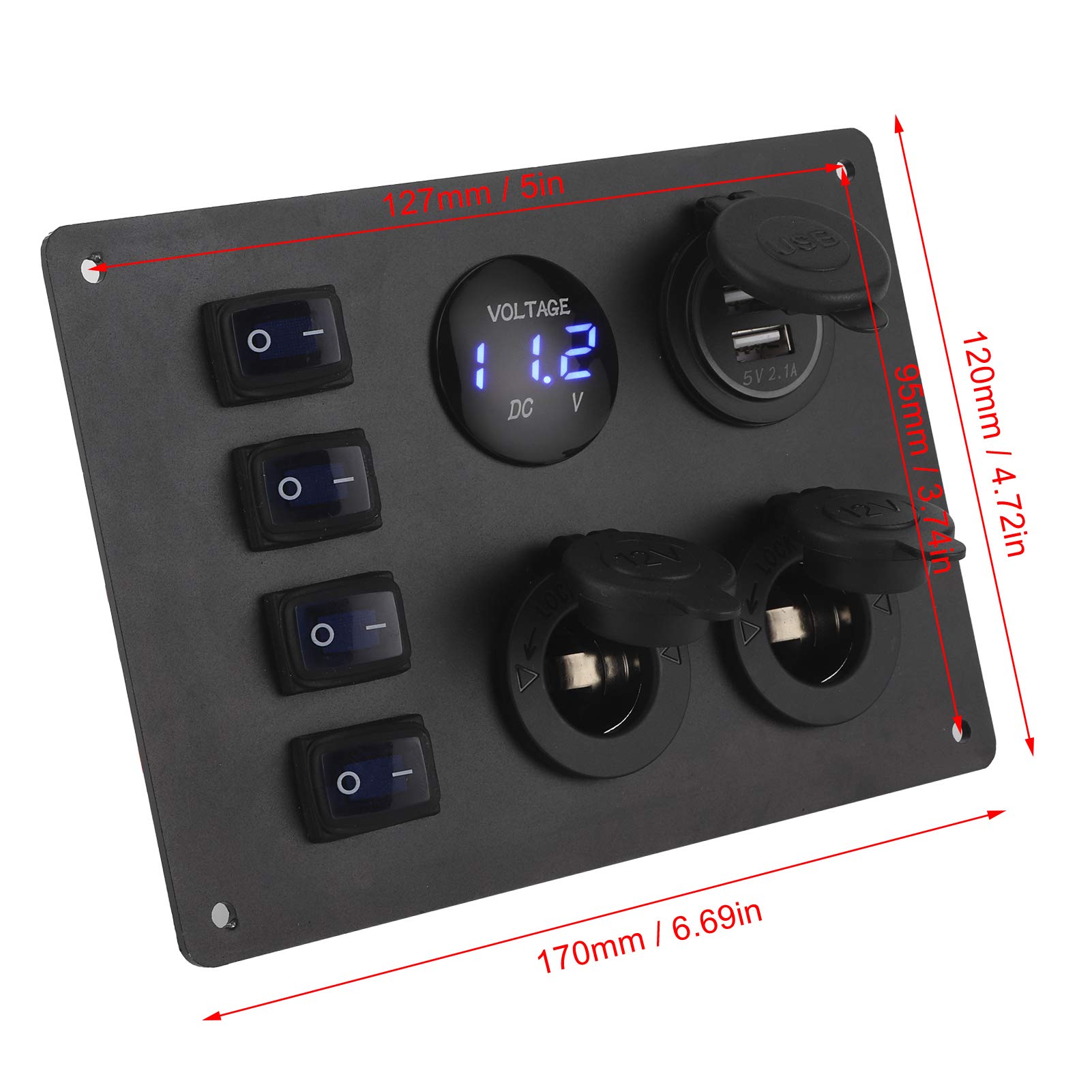 aqxreight - Pannello Interruttori a Bilanciere, Presa 12V Display Tensione Doppia Porta USB Pannello Interruttori a Bilanciere Impermeabile 4 Gang per
