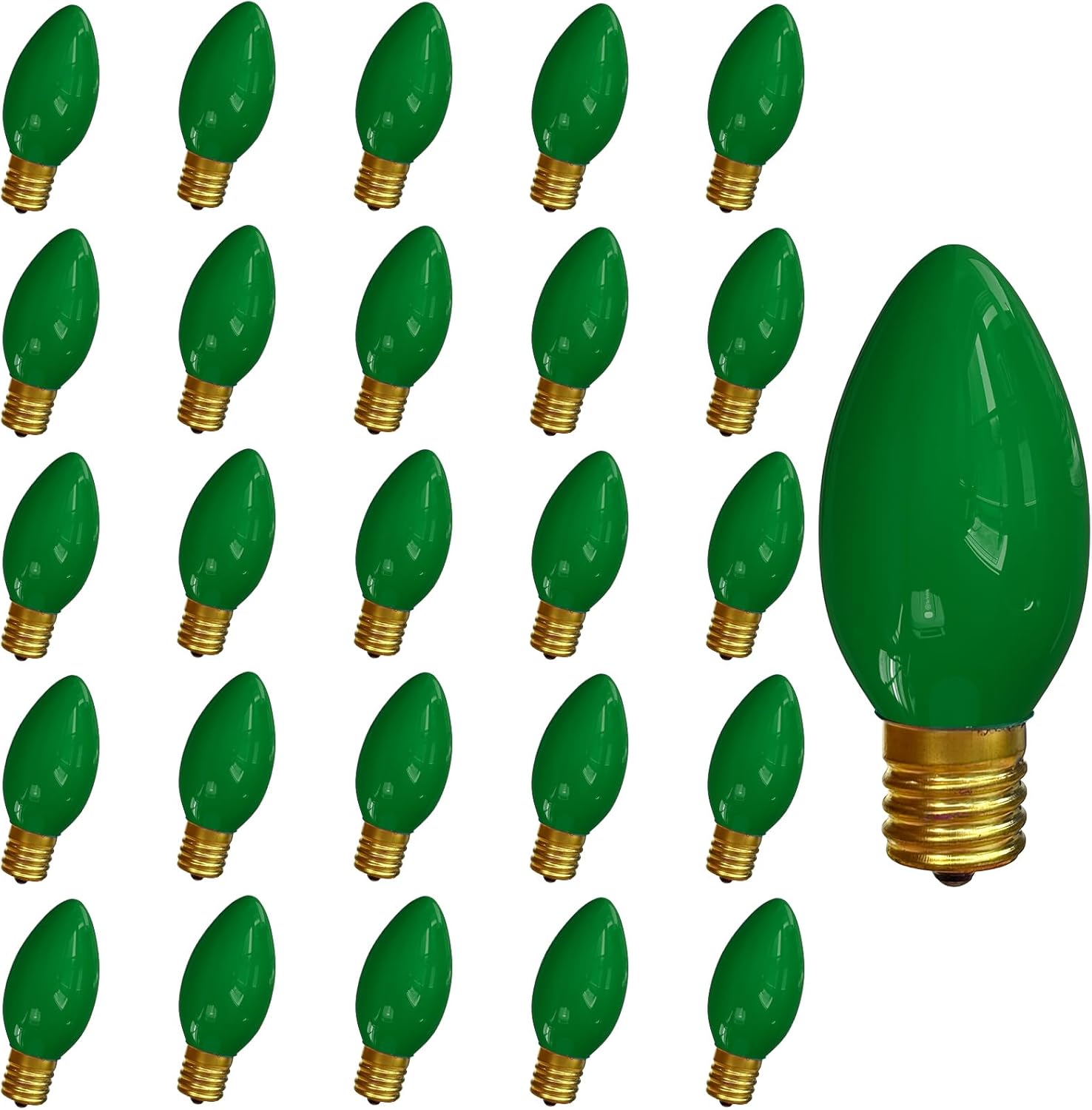25 Pack Christmas Light Bulbs, C9 Ceramic Green Replacement Bulbs, C9 Outdoor String Lights Replacement Bulbs, C9/E17 Candelabra Base, 7 Watt