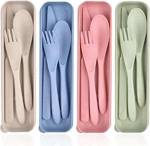 4 Pack Travel Cutlery Set with Case, Reusable Spoon Knife Fork Utensil Set | Portable Tableware for Kids Adult Travel Picnic Camping or Birthday, Anniversary Use