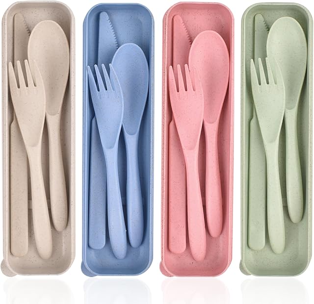 4 Pack Travel Cutlery Set with Case, Reusable Spoon Knife Fork Utensil Set | Portable Tableware for Kids Adult Travel Picnic Camping or Birthday, Anniversary Use