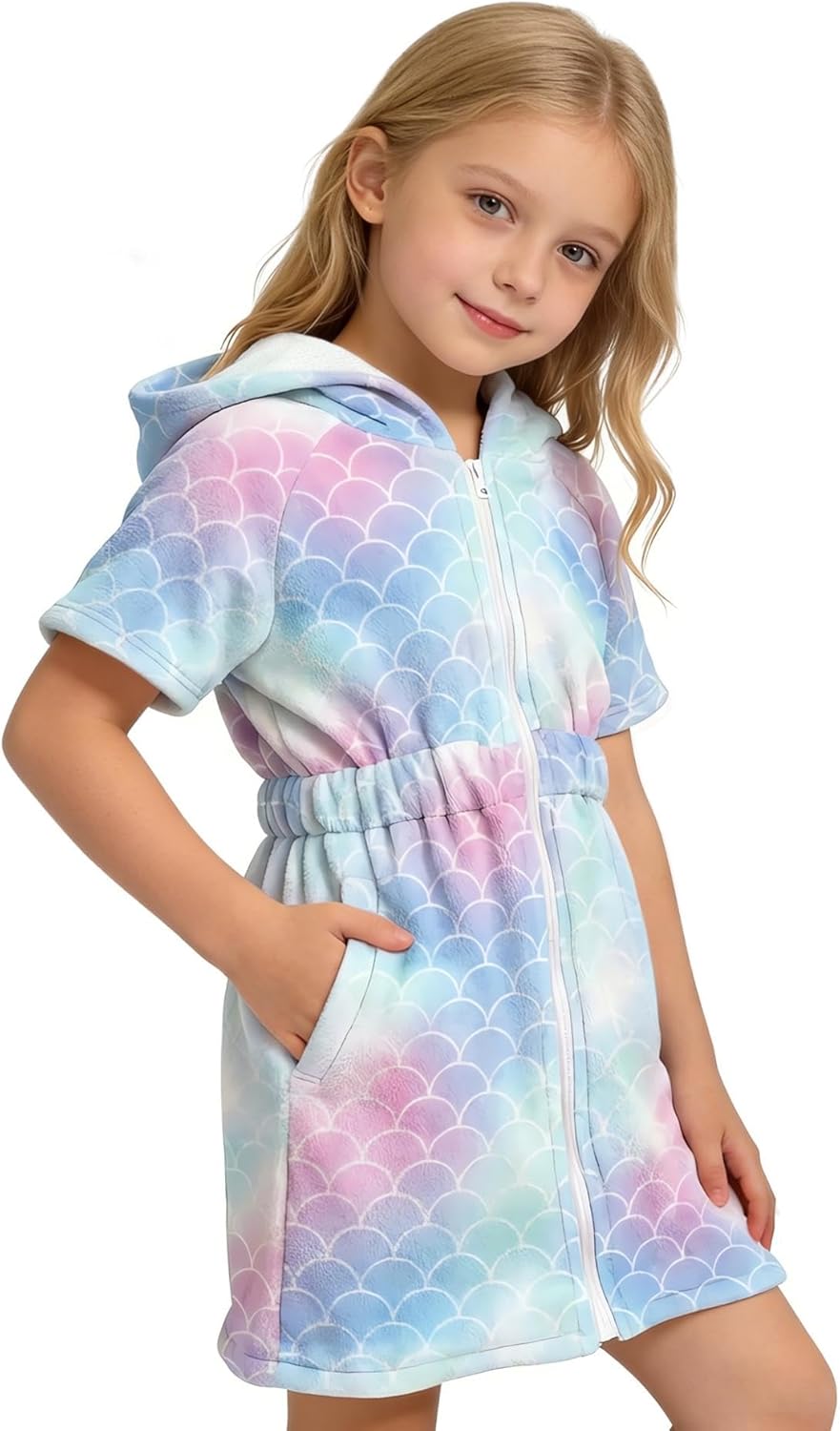 V.&GRIN Girls Swim Cover Up Hooded with Zipper, Terry Cloth Wrap Quick Dry Absorbent with Pockets After Swim for 4-14 Years