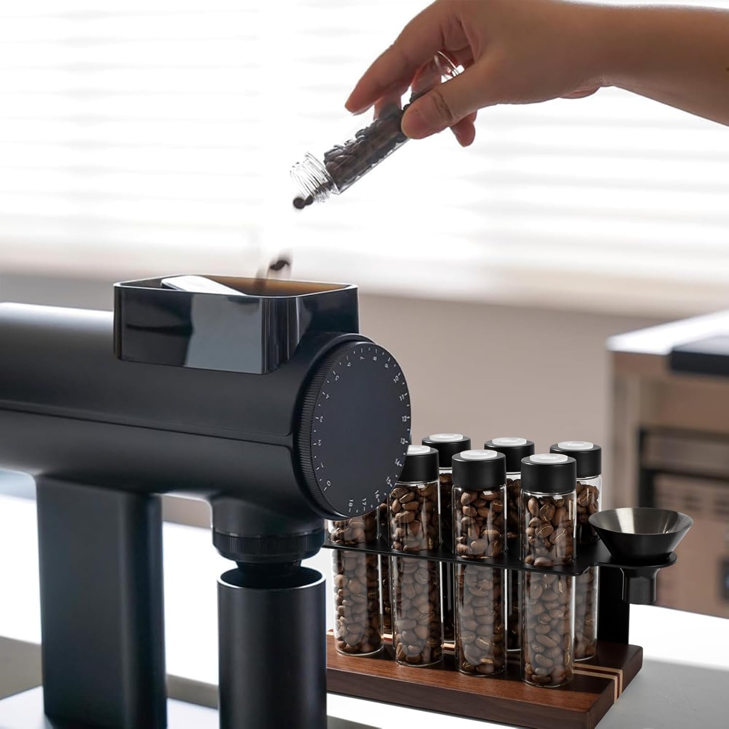 Single Dose Coffee Bean Storage 8 Tubes with Walnut Solid Wood Base Holder，coffee storage Container Display Stand and Funnel