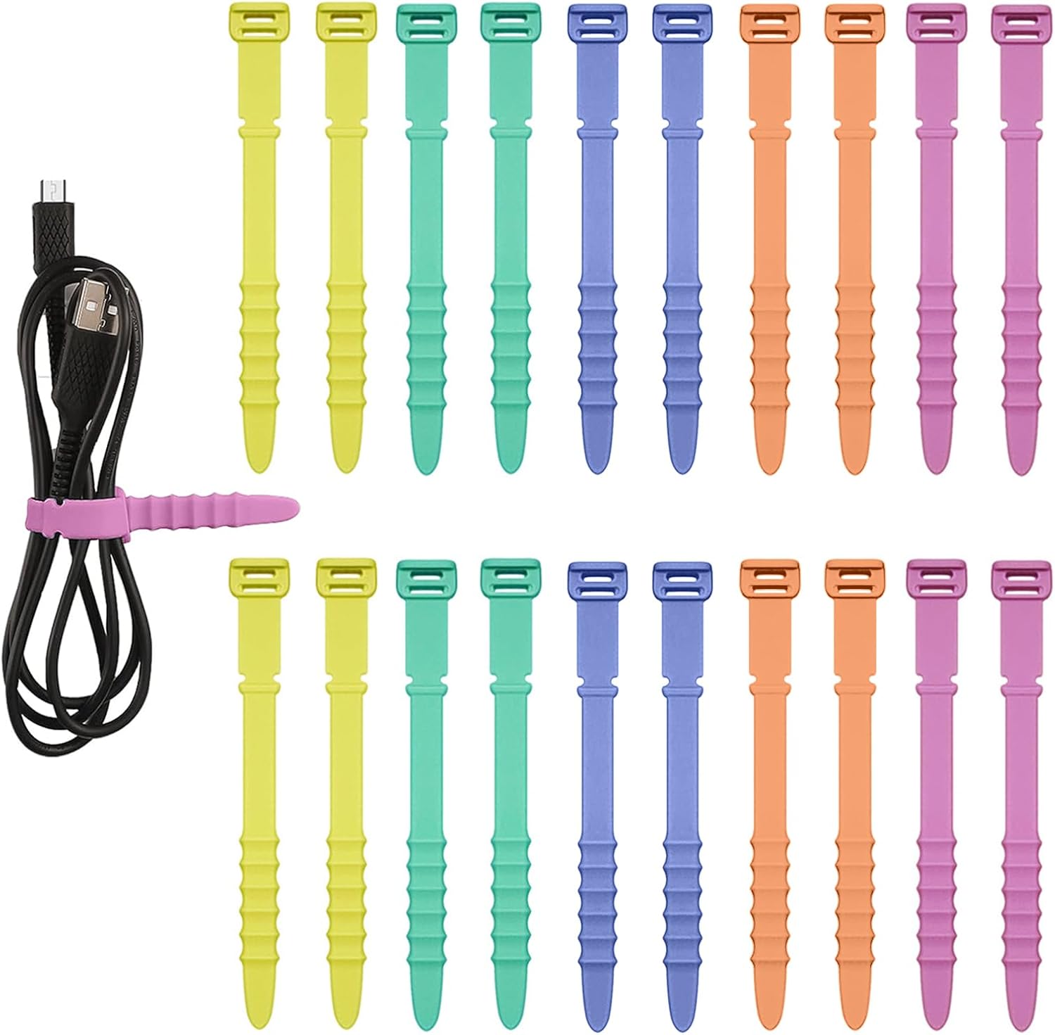 20pcs Silicone Cable Ties, Cord Organizer Straps Reusable Zip Ties Elastic Cord Management for Headphones Phone Charging Wire USB Home Office Table Organization (Yellow, Green, Pink, Orange, Blue)