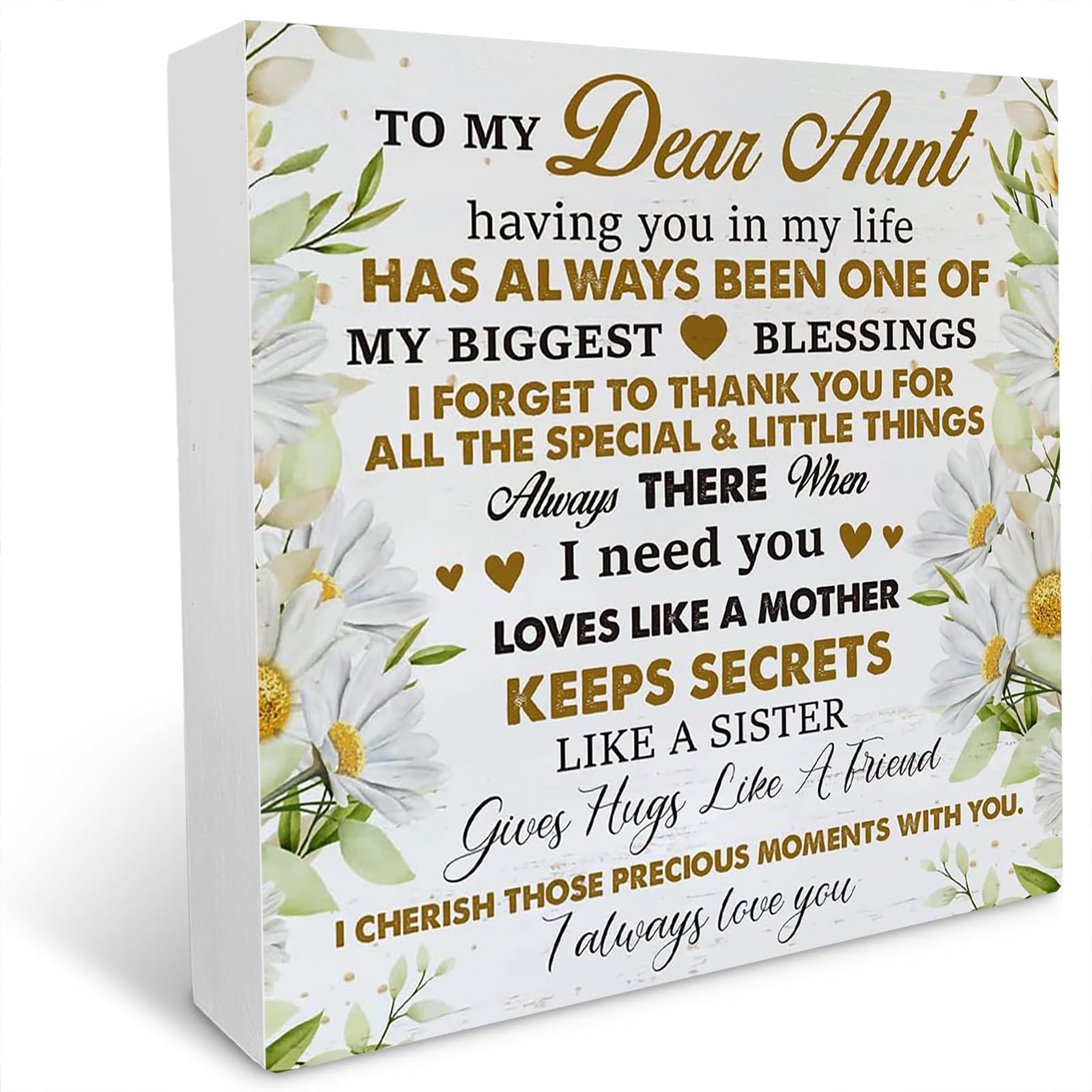 Farmhouse Daisy Aunt Wooden Box Sign Rustic Style to My Dear Aunt I Always Love You Wood Block Tabletop Sign Decorative Desk Sign Decor for Home Bedroom Shelf 5x5 Inches