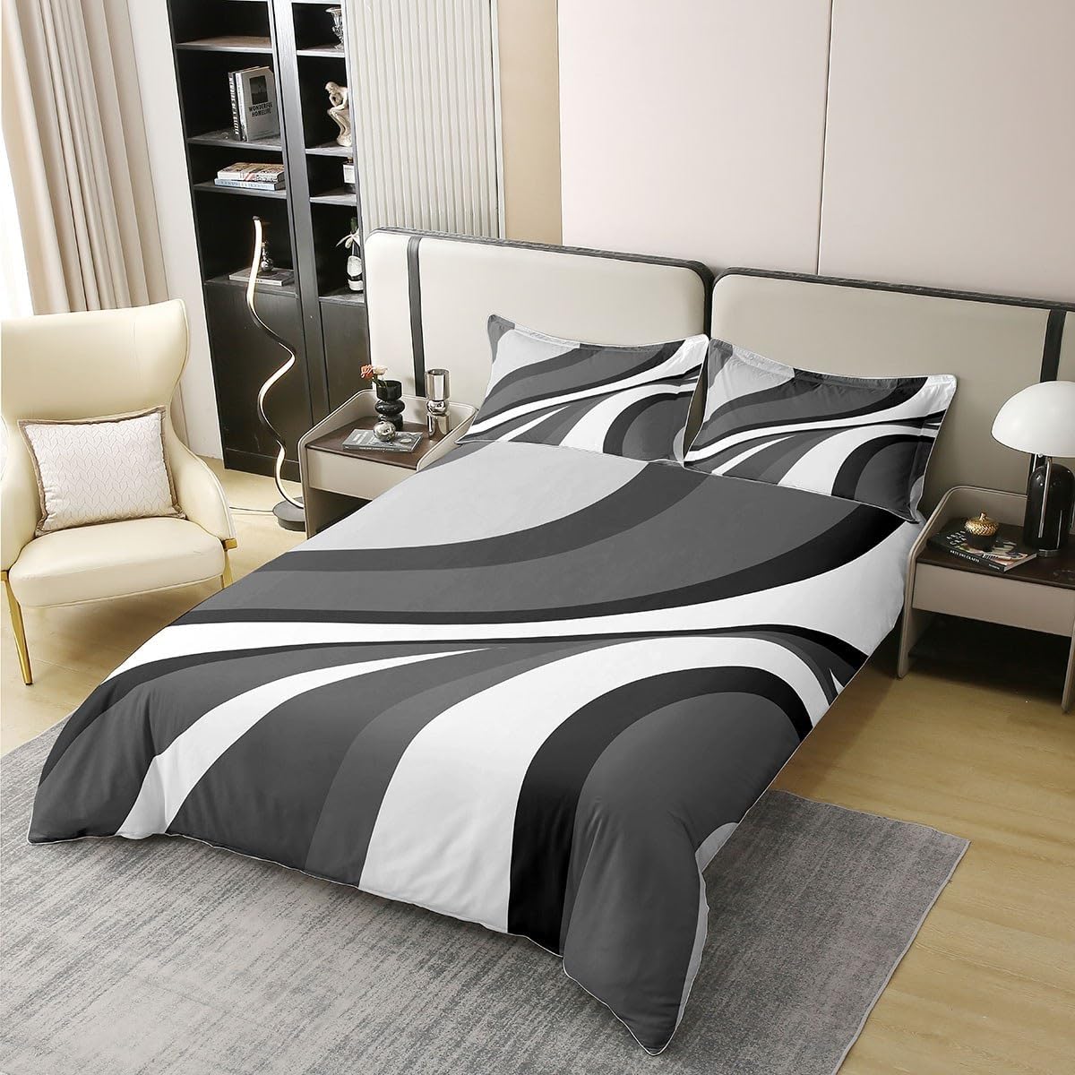 Abstract Swirls 100% Cotton Duvet Cover King Size, Black White Grey Bedding Set for Kids Boys Girls, Lines Comforter Cover Bedroom Decor, Modern Geometric Quilt Cover with 2 Pillow Shams