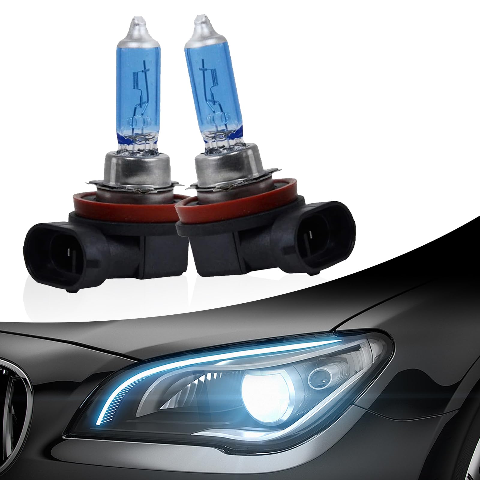 2 PCS H11 Car Halogen Bulb, 12V 100W Quartz Glass Fog Light Set, Universal High Low Spotlight Replacement Accessories, Compatible with Most Cars, Motorcycles (White)