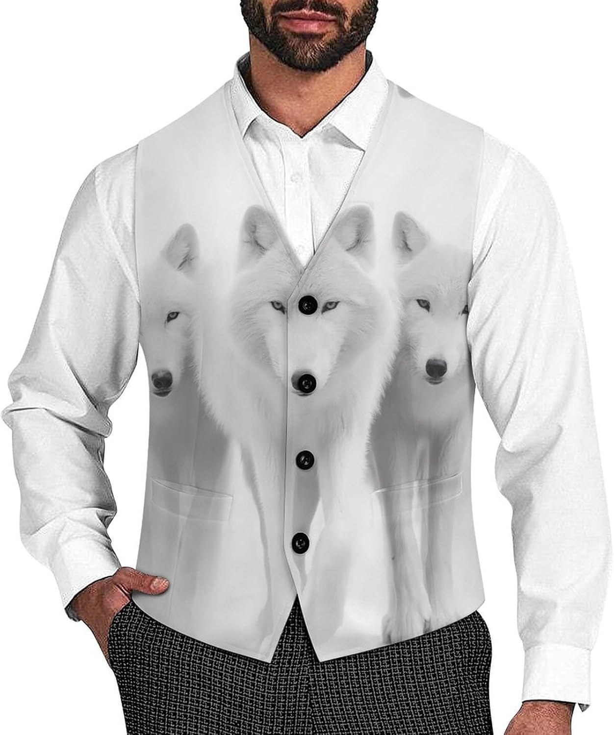 Wolf Men's Suit Vests Formal Dress V-Neck Waistcoat Slim Fit Top for Wedding Casual