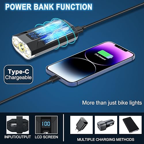 Miniatura 8 de Juego de luces de bicicleta recargables USB ultra brillantes para montar de noche, faros LED con luces traseras, luz de haz alto y bajo, total de 13