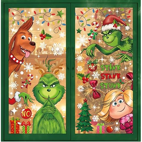AnyDesign Christmas Window Stickers Funny Cartoon Characters Window Decals Green Red Muticolor Window Clings Xmas Tree Printed PVC Stickers for Christmas Holiday Home Party Mirror Decor (6 Sheets) Cover