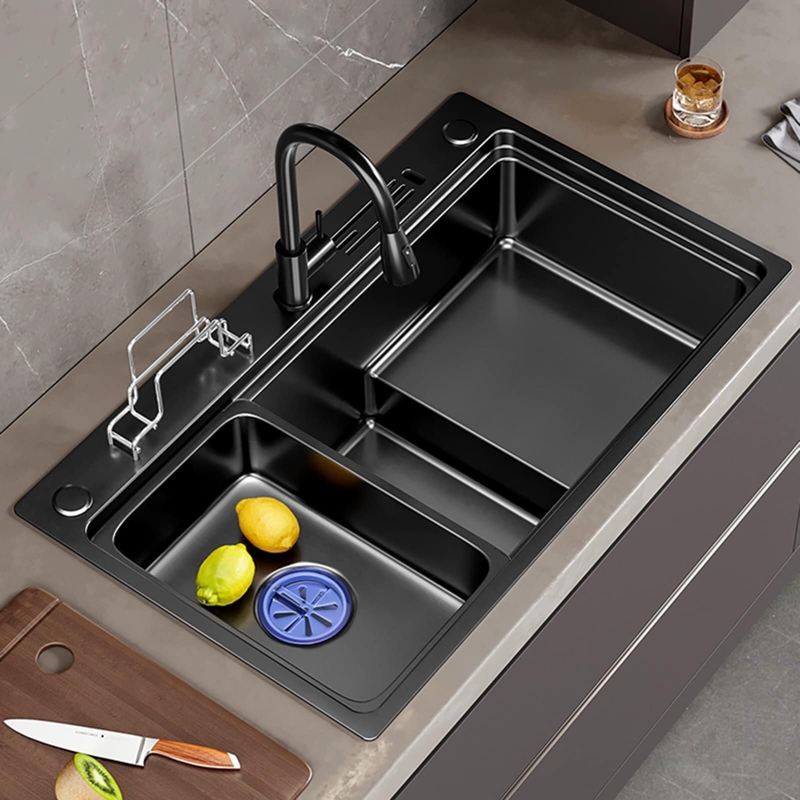 SDdPulse Lavello da cucina in acciaio inox per cortile ufficio – Drop-in o sottotop lavello con stazione di lavoro a vasca singola con rubinetto a cascata, nero, 72 x 45 cm