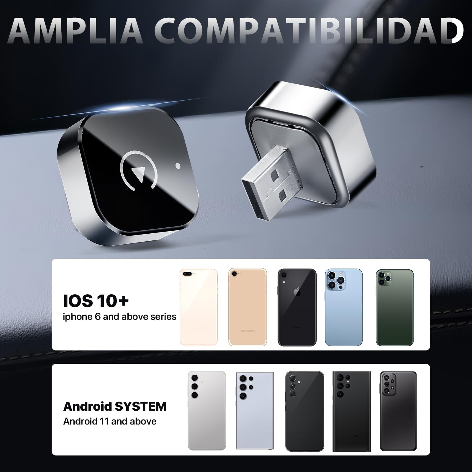 2026 Adaptador inalámbrico CarPlay 2 en 1, Mini Adaptador inalámbrico, CarPlay y Android Auto, sin latencia, diseño Mini USB,Accesorios para Coche, Compatible con iPhone y Android