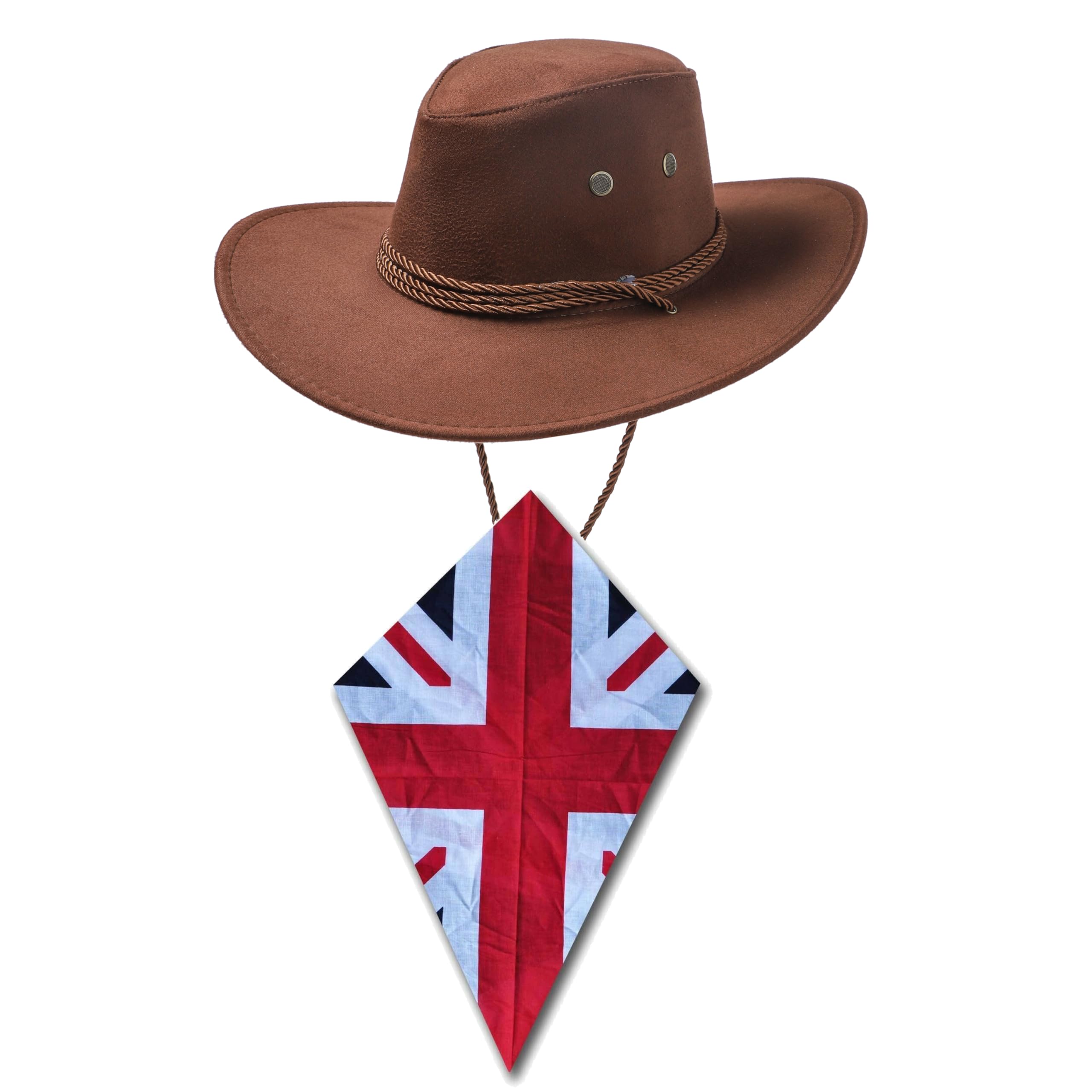 Komonee Dark Brown Cowboy Hat and Union Jack Bandana Western Sun Cap Faux Felt Leather Suede Fancy Dress Party Costume Outfit Neckscarf Sun Protection Mens Womens