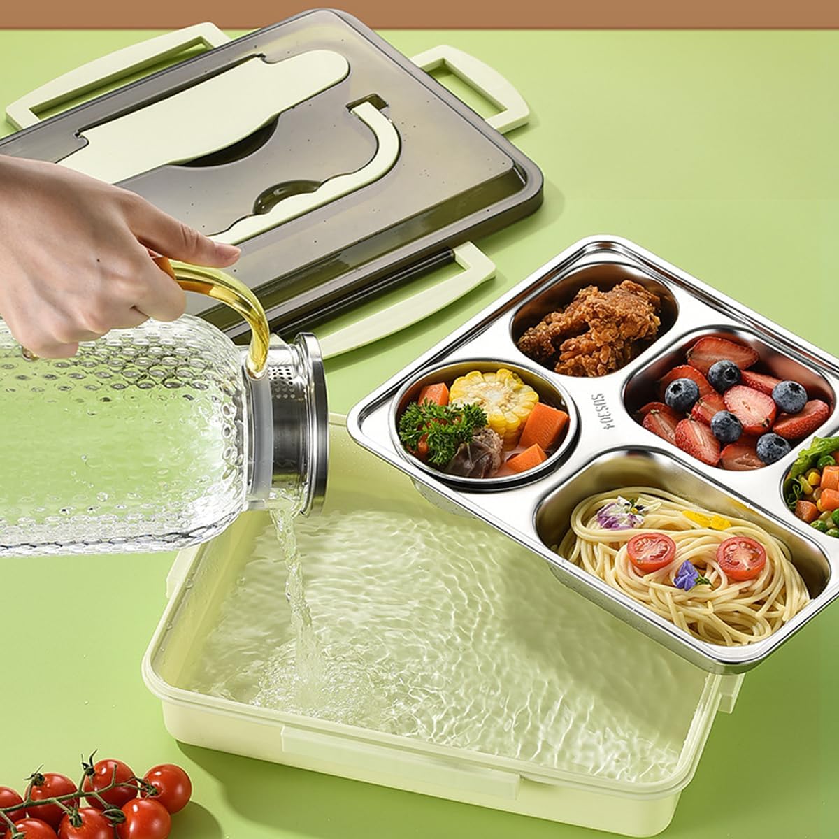 304 Stainless Steel Bento Lunch Boxes for Adults, 5 Sections Rectangular Divided Plates Tray Green Reusable dinner Plate with Lid and Buckled for Adults Portion Control image 2