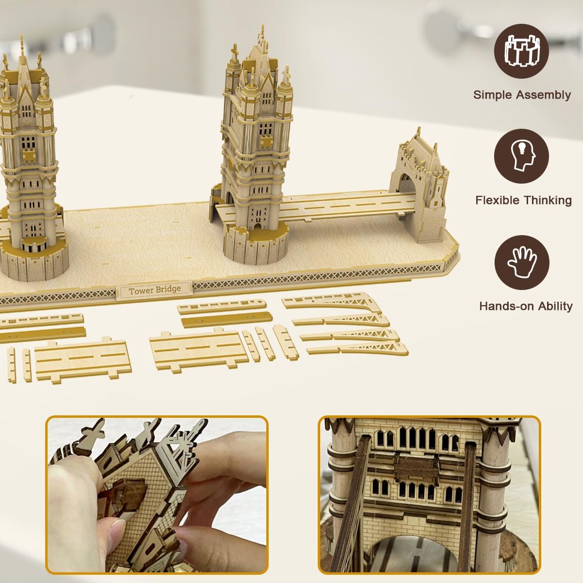 3D Wooden Puzzles for Adults, 3D Puzzle London Tower Bridge Model Kit for Adults, Led Light DIY Games Gift on Birthday Christmas, Building 3D Puzzle